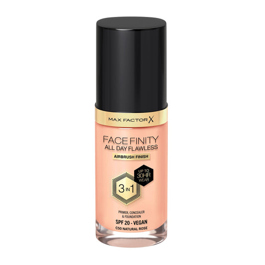Max Factor Facefinity All Day Flawless 3-in-1 Foundation – Up to 30-Hour Wear, SPF 20+, Vegan