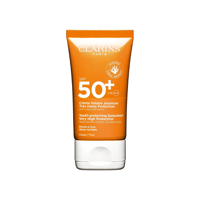 Clarins Youth-Protecting Sunscreen SPF50+ Very High Protection Water-Resistant Face Sun Cream for Wrinkles and Dark Spots – 50ml